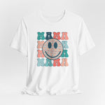 The Mama Print Crew Neck T-shirt is a white, casual short sleeve top for women, featuring colorful retro MAMA text and a large heart-patterned smiley face—made from soft cotton for spring and summer comfort.