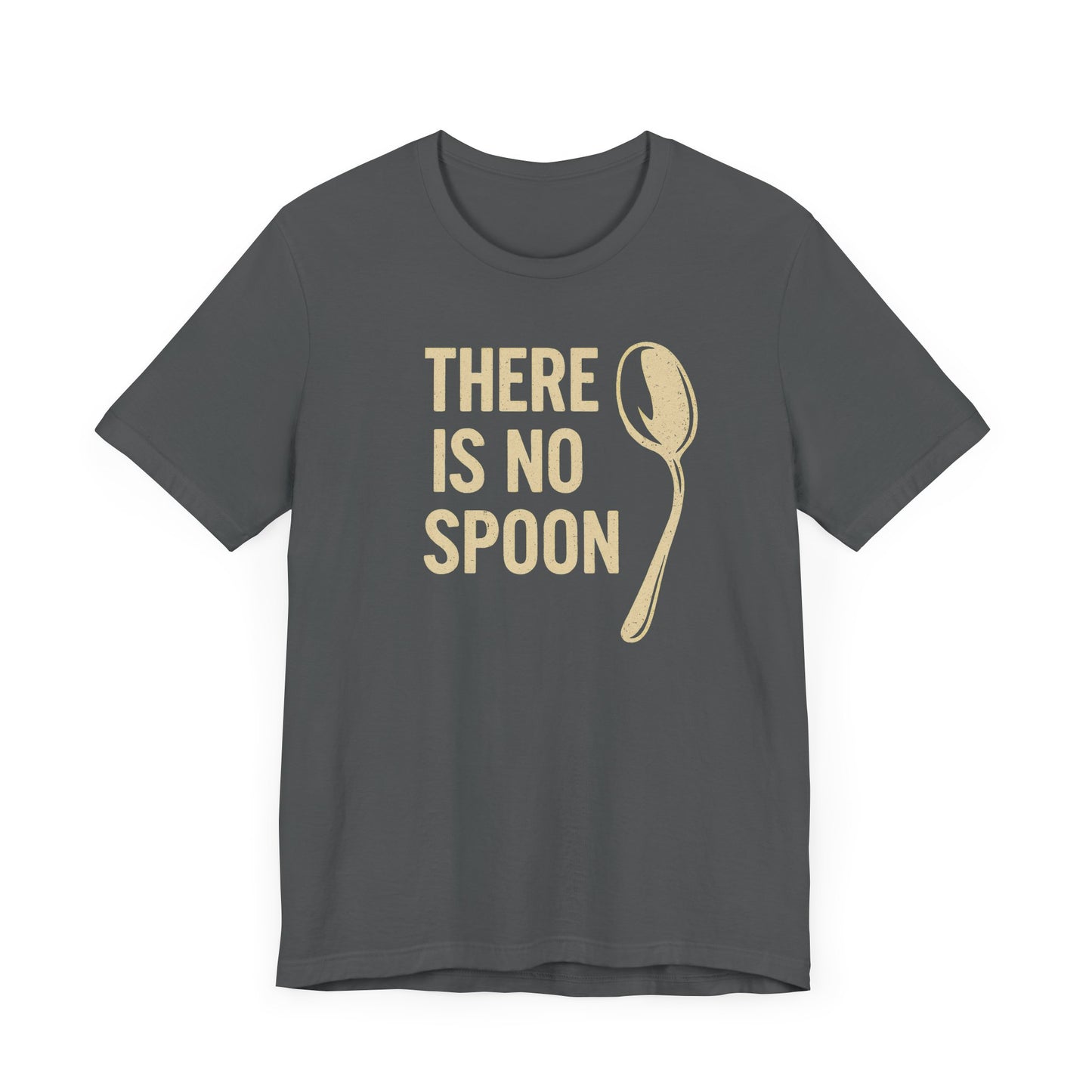 The “There Is No Spoon” Minimalist Quote Tee is a dark gray shirt with bold beige text and a simple spoon illustration—a perfect sci-fi t-shirt for fans of classic movie quotes.