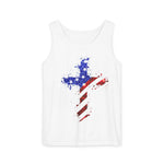 The Faith & Freedom Cross – Patriotic USA Tank Top is a white unisex top with a splatter paint cross in flag colors, made from soft ring-spun US cotton and eco-friendly dyes.