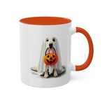 The Ghostly Pup Halloween Mug – Spooktacular Coffee Companion is a white 11oz ceramic piece with an orange handle and interior, featuring a dog dressed as a ghost with a jack-o-lantern bucket on a simple backdrop, perfect for your custom mug collection.