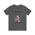 The Get Over It Chicken T-Shirt is a dark gray unisex tee made from soft Airlume cotton, showing a sassy chicken with a glass and straw, plus the bold text: Let me pour you a tall glass of get over it. Here’s a straw so you can suck it up.