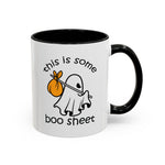 Add spooky cheer to your collection with the This Is Some Boo Sheet Halloween Mug. This ceramic mug features a cartoon ghost holding a stick and cloth bundle, with phrases this is some and boo sheet above and below. Available in 11oz & 15oz sizes, it has a black handle for accent.