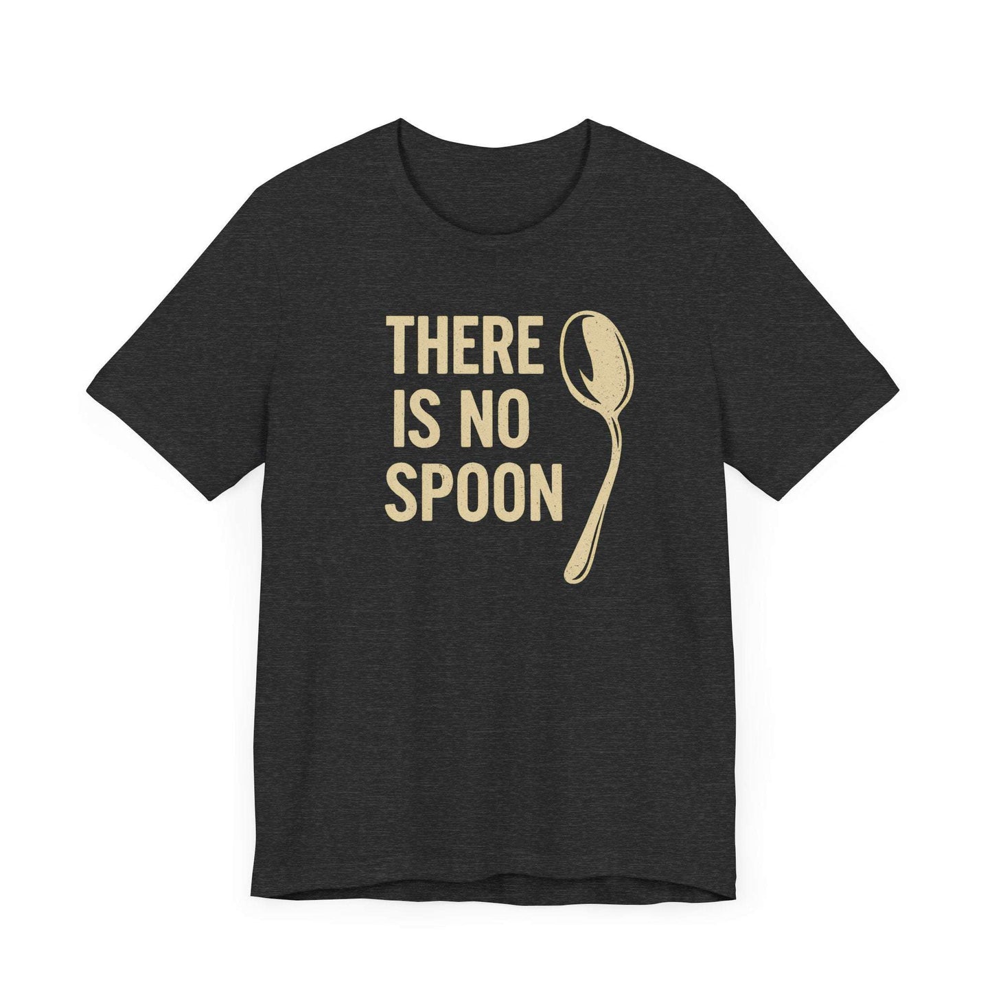 The “There Is No Spoon” Minimalist Quote Tee is a black sci-fi-inspired shirt with the iconic phrase in bold beige letters and a subtle spoon illustration.