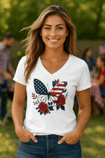 A smiling woman outdoors wears the American Beauty Butterfly Tee – a patriotic v-neck featuring an American flag butterfly with red roses and stars; people and trees appear in the blurred background.