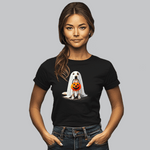Against a gray background, a person with long hair wears the Ghostly Pup Halloween T-Shirt—a unisex jersey short sleeve tee featuring an adorable ghost dog holding a pumpkin bucket. This spooky design is perfect for the season!.
