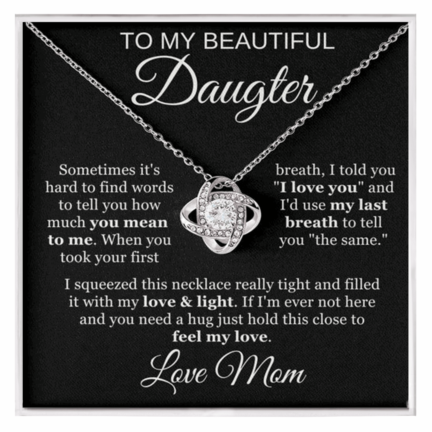 To My Beautiful Daughter Cubic Zirconia Love Knot Necklace Gift, Daughter Necklace, Graduation Day Gifts, Birthday Gifts | Black Message Card Background