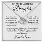 To My Beautiful Daughter Cubic Zirconia Love Knot Necklace Gift, Daughter Necklace, Graduation Day Gifts, Birthday Gifts | White Message Card Background