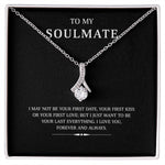 Elegant silver necklace with a sparkling heart-shaped pendant, displayed in a black gift box with a heartfelt soulmate message.