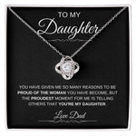 The To My Daughter: Forever Connected Message Card & Love Knot Necklace features a stunning 14k white gold knot with cubic zirconia, beautifully gift boxed with a heartfelt message: To my Daughter… the proudest moment for me is telling others you’re my daughter. Love, Dad.