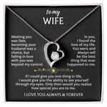 The To My Wife – Forever Love Necklace with Message of Fate and Devotion features a silver heart-shaped pendant with a dazzling crystal, displayed in a gift box. The lid includes a touching message—perfect as an anniversary gift for your wife.