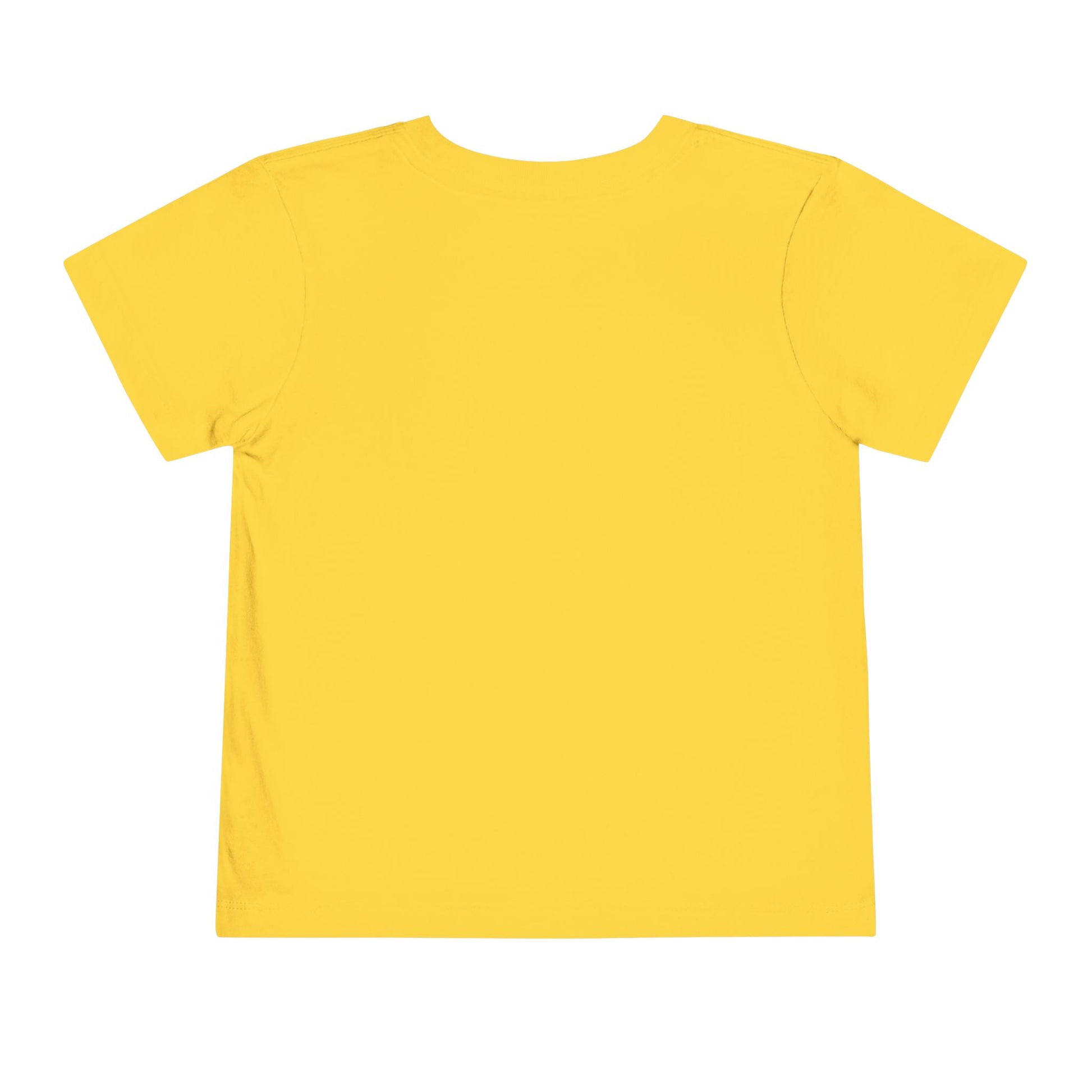 Monster Truck Rex T-Shirt 🛻🦕 – Toddler Boys Tee in plain yellow, short-sleeve style, shown laid flat from the back on a white background.