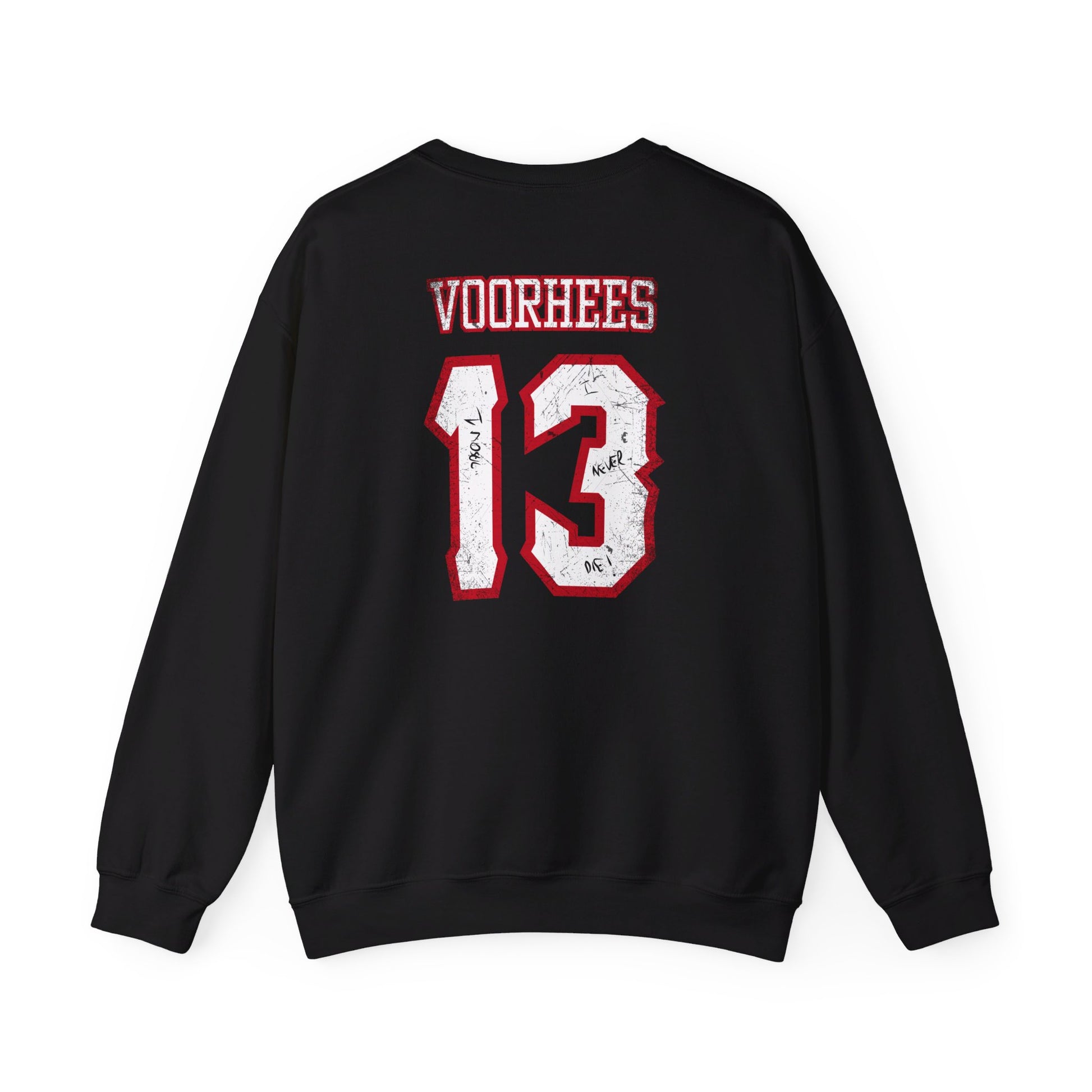 The Voorhees 13 Unisex Heavy Blend Crewneck Sweatshirt sports VOORHEES and the number 13 in bold, scratched white and red letters on the back, offering a casual, sporty look ideal for horror enthusiasts.