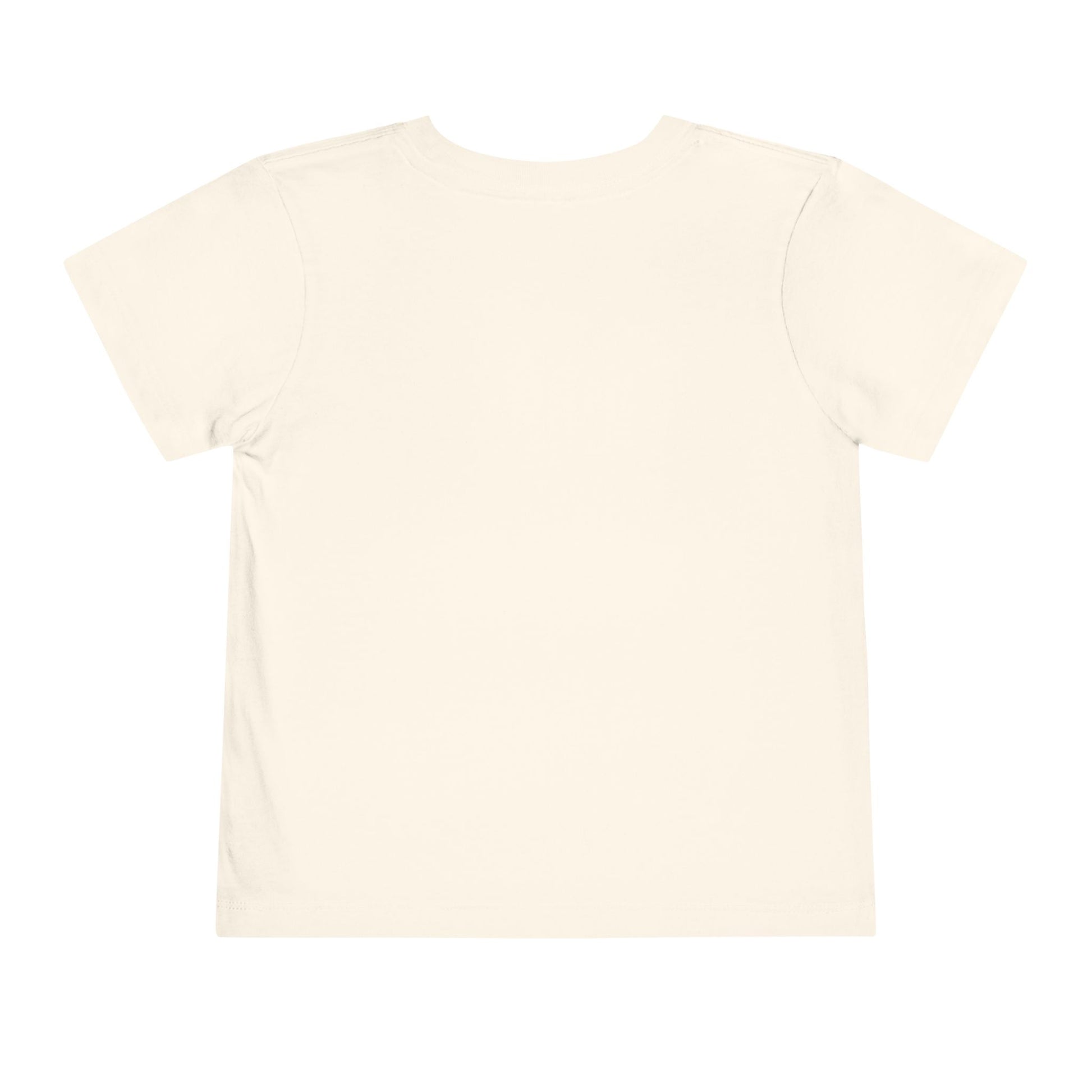 Back view of the Monster Truck Rex T-Shirt 🛻🦕 – a plain, short-sleeve, off-white Bella+Canvas toddler boys tee laid flat on a white background.