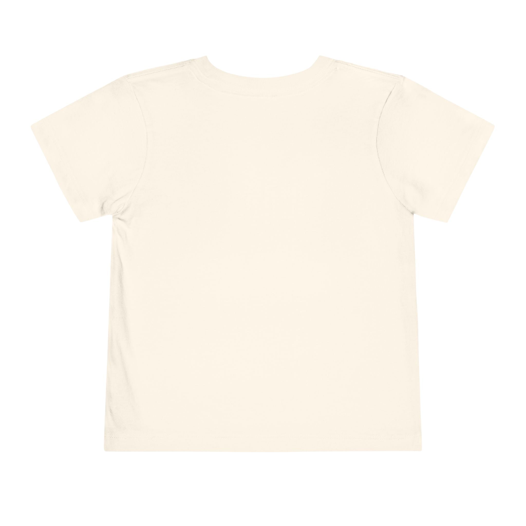 Back view of the Monster Truck Rex T-Shirt 🛻🦕 – a plain, short-sleeve, off-white Bella+Canvas toddler boys tee laid flat on a white background.