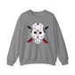The Voorhees 13 sweatshirt, ideal for horror enthusiasts, features a gray design with a white hockey mask graphic and black-red details. Two red-accented knives are ominously crossed behind the mask on this unisex heavy blend crewneck.