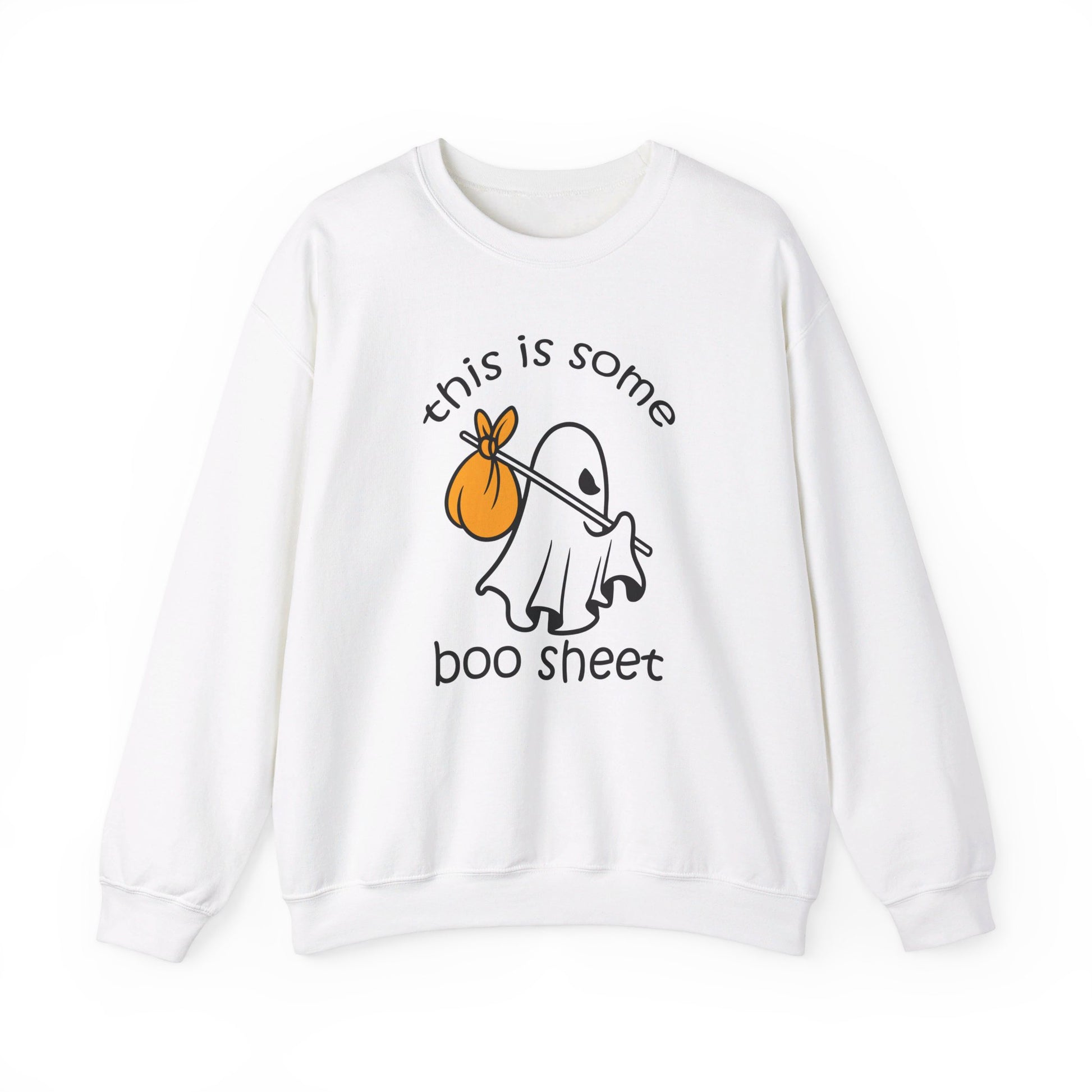 The unisex heavy blend crewneck sweatshirt, named This Is Some Boo Sheet - Funny Ghost Halloween, features a cute ghost with an orange sack and the phrase this is some boo sheet, perfect for spooky season attire.