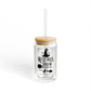 Sip in style this Halloween with the Witches Brew Drink Co. 16oz sipper glass, featuring black witchy graphics and “Witches Brew Drink Co.” text, complete with bamboo lid and straw—ideal for spooky drinks!.