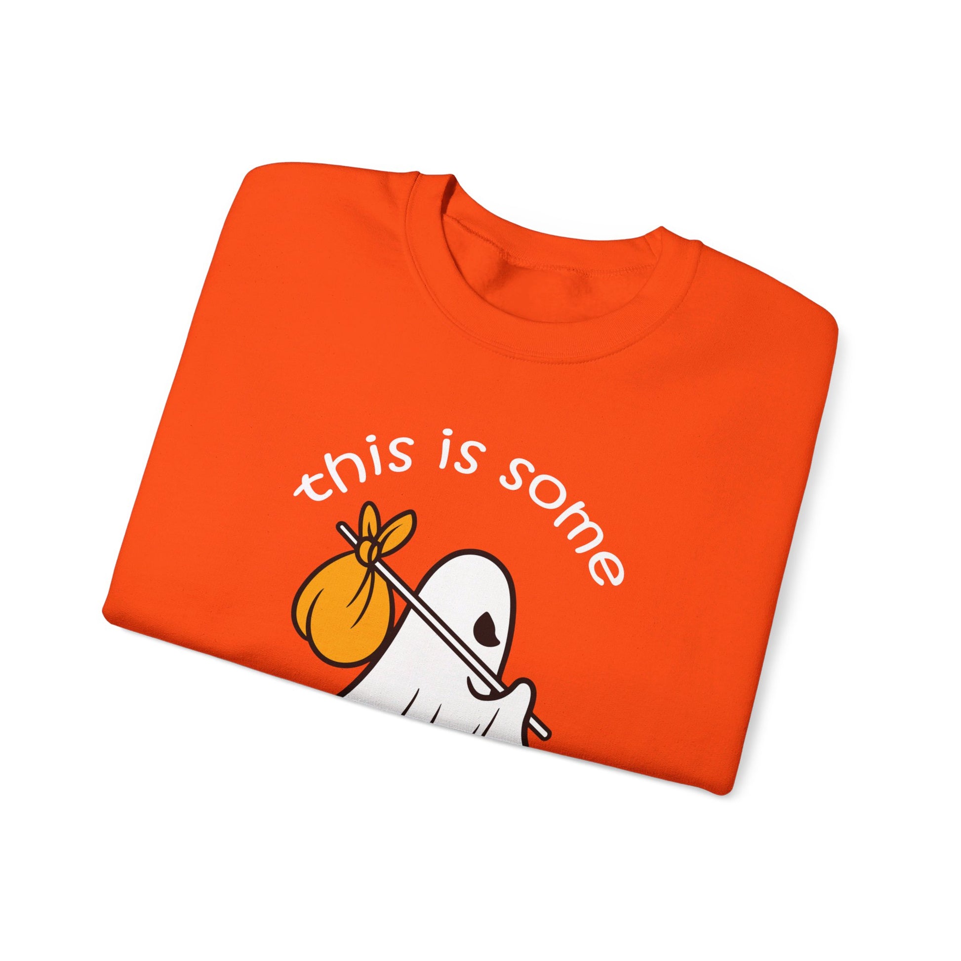 The This Is Some Boo Sheet - Funny Ghost Halloween Unisex Crewneck Sweatshirt features a ghost illustration with the text “this is some”—a playful choice for spooky season style.
