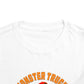 Close-up of the white Monster Truck Rex T-Shirt 🛻🦕 – Toddler Boys Tee showing MONSTER TRUCK in orange text on the neckline and shoulders—perfect for little fans of monster trucks and dinos!.
