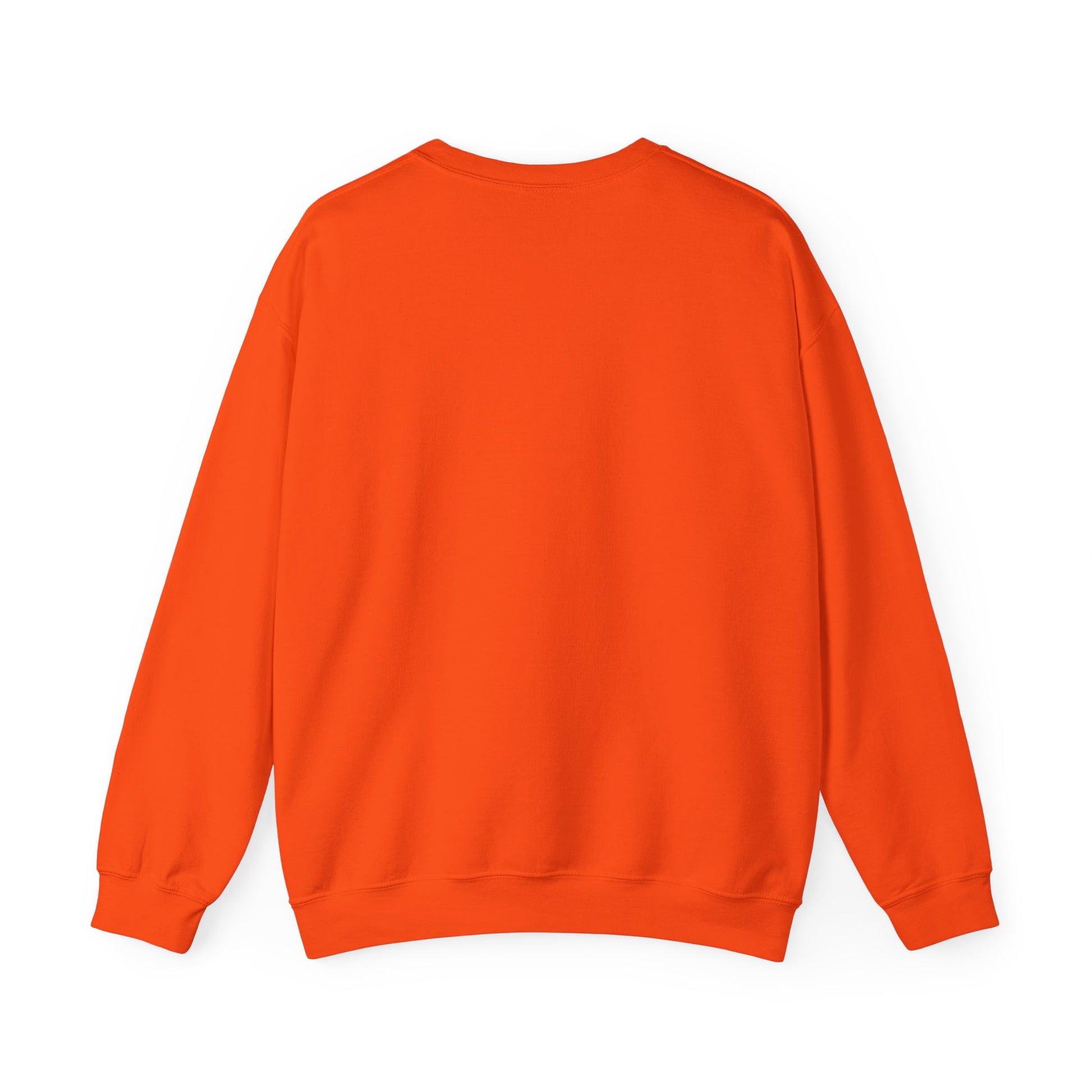 The Witches Brew Coffee Co. Stop in for a Spell! unisex heavy blend crewneck sweatshirt is vibrant orange, capturing Halloween vibes, and displayed from the back on a white background. Ideal for chilly evenings or enjoying coffee from Witches Brew.