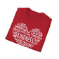 a red t-shirt featuring a heart-shaped word art design with kindness-related words in white text.
