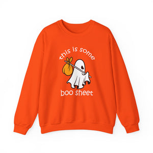 The This Is Some Boo Sheet - Funny Ghost Halloween unisex heavy blend crewneck sweatshirt, with its orange design featuring a cartoon ghost and the phrase this is some boo sheet, is perfect for spooky season attire.