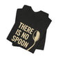 A folded black There Is No Spoon” Minimalist Quote Tee with beige text and a spoon graphic on the front—a stylish tribute to sci-fi minimalism.