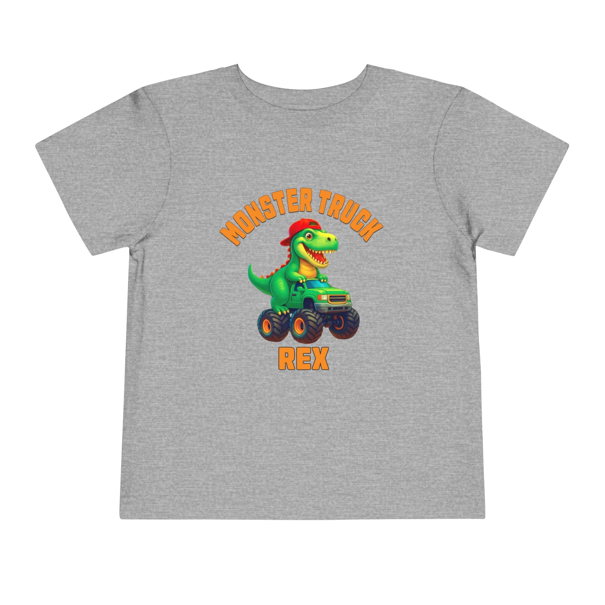 The Monster Truck Rex T-Shirt 🛻🦕 – Toddler Boys Tee is a gray Bella+Canvas shirt featuring a cartoon green dinosaur driving a monster truck and bold orange MONSTER TRUCK REX text—perfect for your little one!.