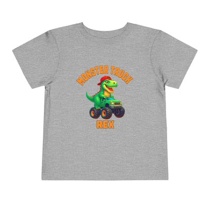 The Monster Truck Rex T-Shirt 🛻🦕 – Toddler Boys Tee is a gray Bella+Canvas shirt featuring a cartoon green dinosaur driving a monster truck and bold orange MONSTER TRUCK REX text—perfect for your little one!.