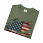 The “Torn Patriot” Distressed American Flag Comfort Colors Tee features a vintage USA flag graphic beneath claw-like rips on the front, making this olive green shirt a bold patriotic statement. Neck tag shown against white background.