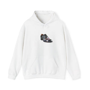 The Unisex Heavy Blend™ Hooded Sweatshirt is made from a cotton-polyester blend and features a graphic of a black dress shoe with an orange heel, subtly printed with DONT FORGET MY SHOE. Made ethically from US-grown cotton, this hoodie includes a front pocket and drawstrings.