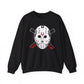 This unisex Voorhees 13 sweatshirt is ideal for horror fans, featuring a black design highlighted by a white hockey mask and crossed knives graphic. Red details encapsulate Jason Voorhees essence, adding chilling vibes to your wardrobe.