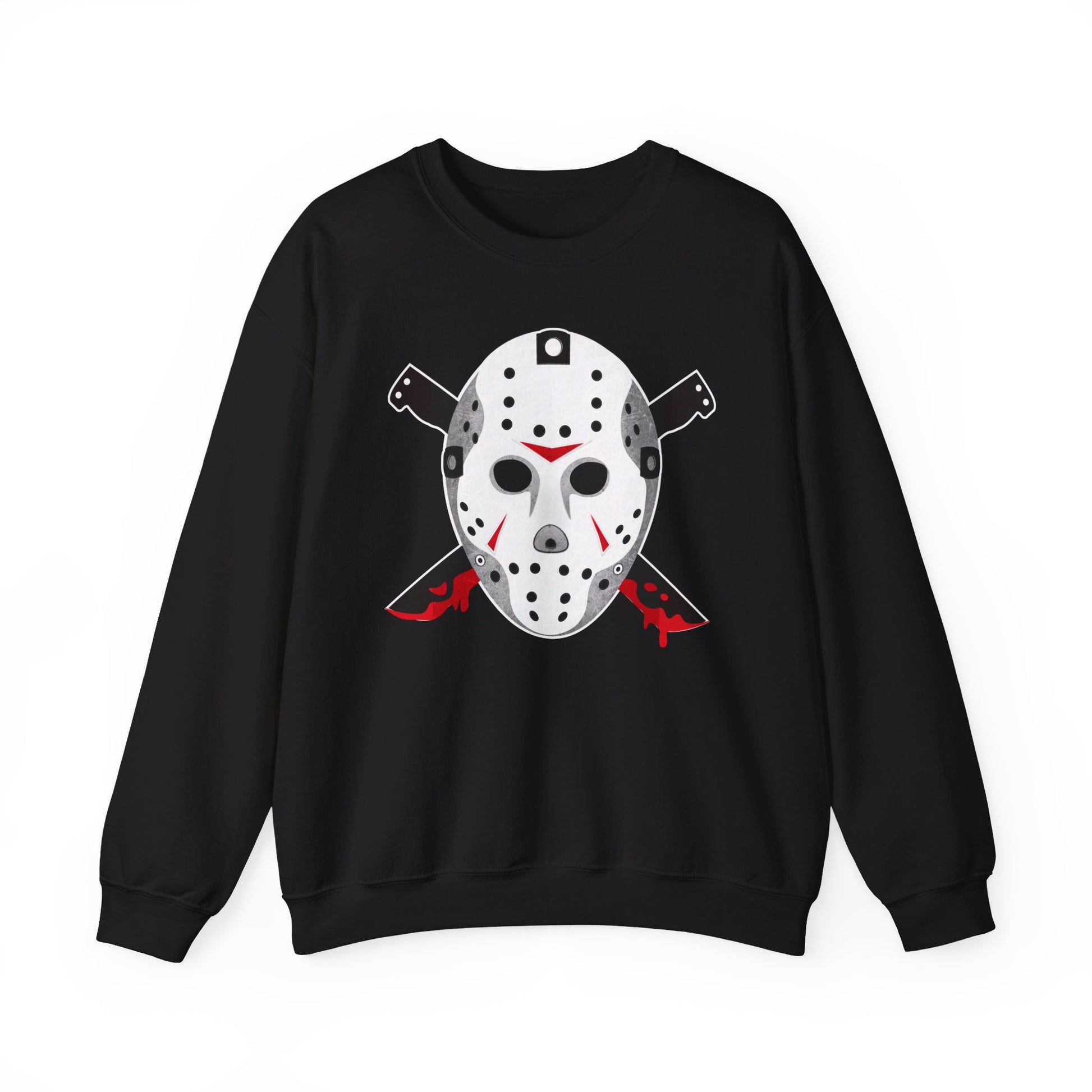 This unisex Voorhees 13 sweatshirt is ideal for horror fans, featuring a black design highlighted by a white hockey mask and crossed knives graphic. Red details encapsulate Jason Voorhees essence, adding chilling vibes to your wardrobe.