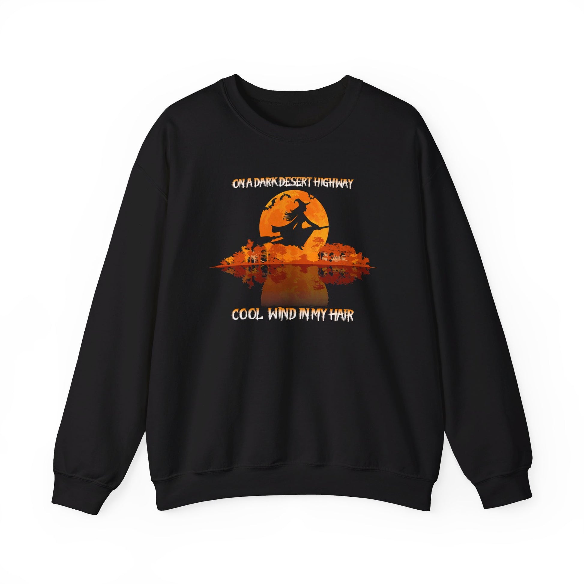 Add witchy charm to your look with the Witchy Vibes Unisex Heavy Blend™ Crewneck Sweatshirt—features a flying witch and “Ride the Wind on a Dark Desert Highway!” design, perfect for Halloween style.