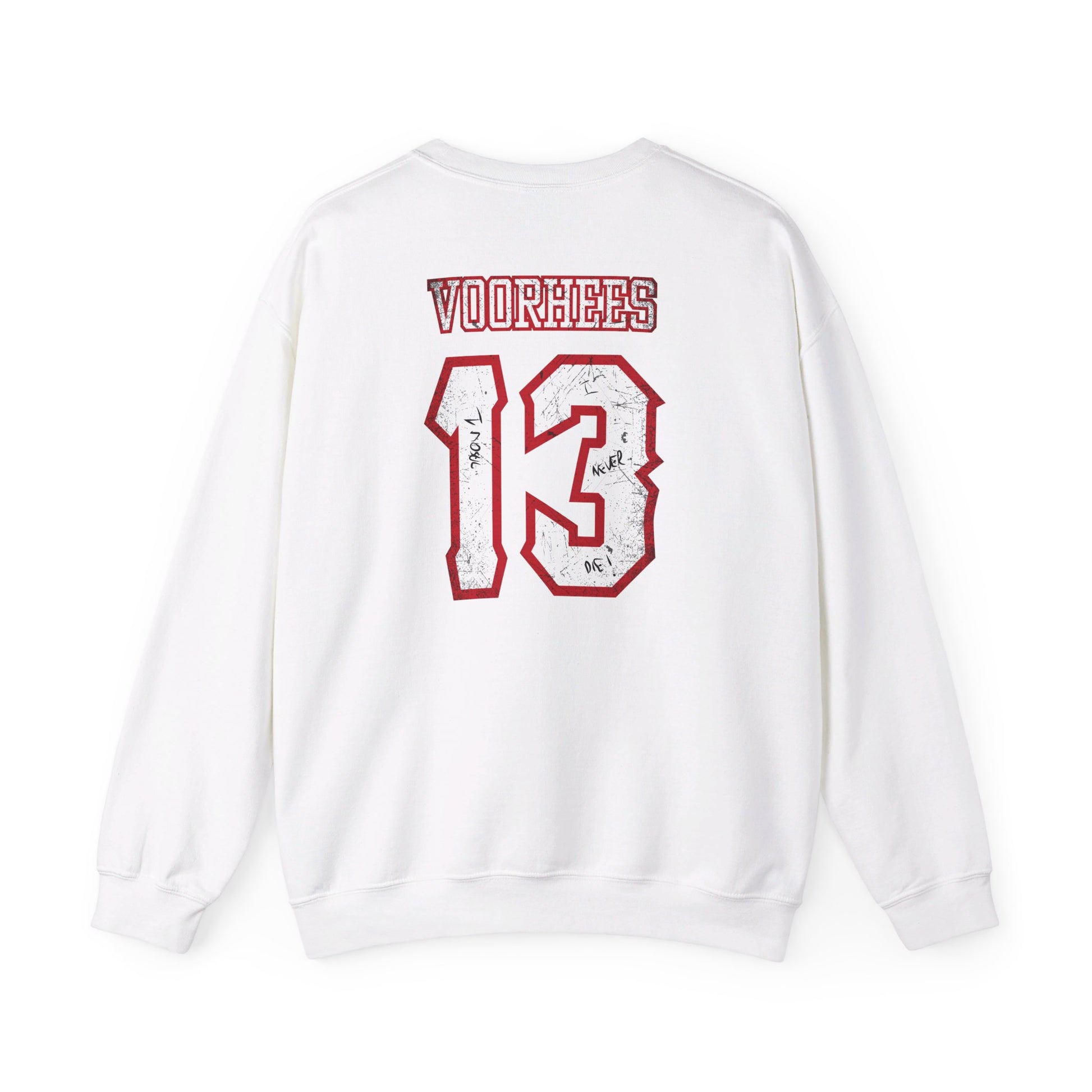 The Voorhees 13 - Iconic Horror Sweatshirt features Voorhees 13 in bold red and graffiti-style signatures on the back. With a crew neck and long sleeves, this Unisex Heavy Blend™ Crewneck Sweatshirt is perfect for horror fans seeking comfort and style.