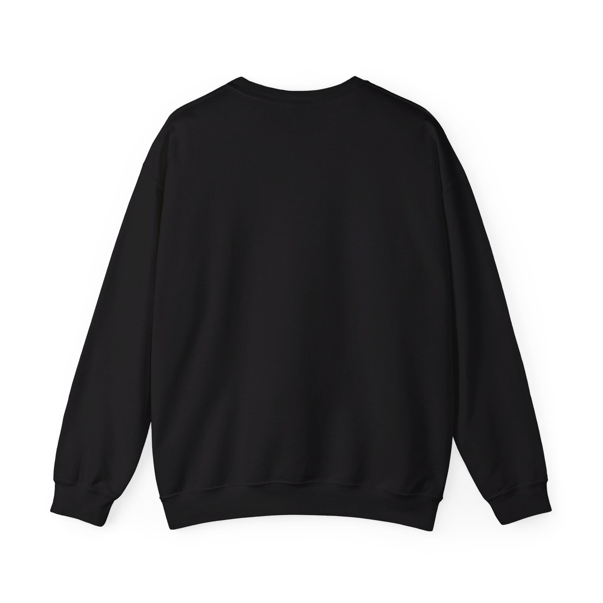 The Witchy Vibes Unisex Heavy Blend™ Crewneck Sweatshirt - Ride the Wind on a Dark Desert Highway! is shown flat on a white background, back side up, highlighting its long sleeves and ribbed cuffs and hem.