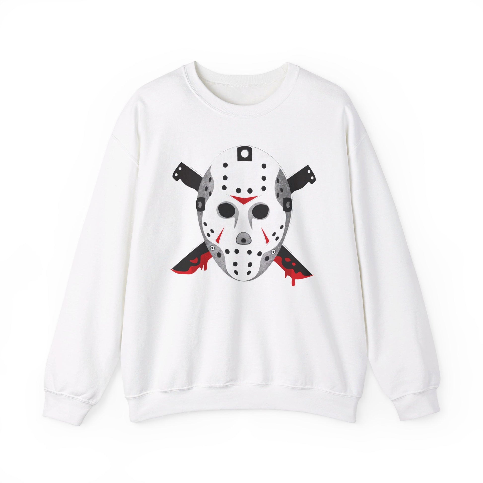 The Voorhees 13 Iconic Horror Sweatshirt features a chilling hockey mask graphic with crossed knives and red accents, perfect for horror fans.