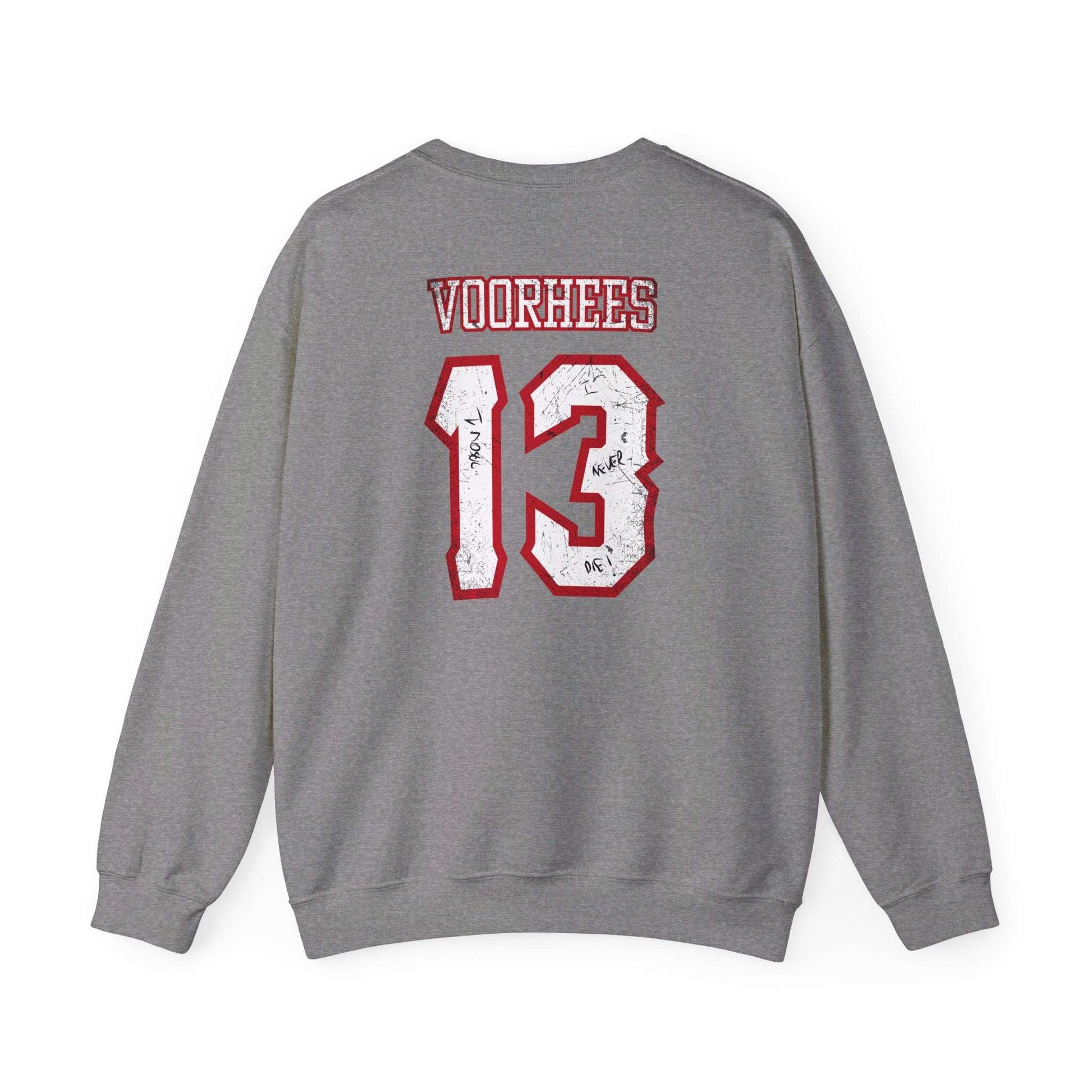 Perfect for horror enthusiasts, the Voorhees 13 unisex heavy blend sweatshirt features a bold red and white VOORHEES 13 on the back, with number 13 in a distressed finish—ideal for those channeling their inner Jason Voorhees.