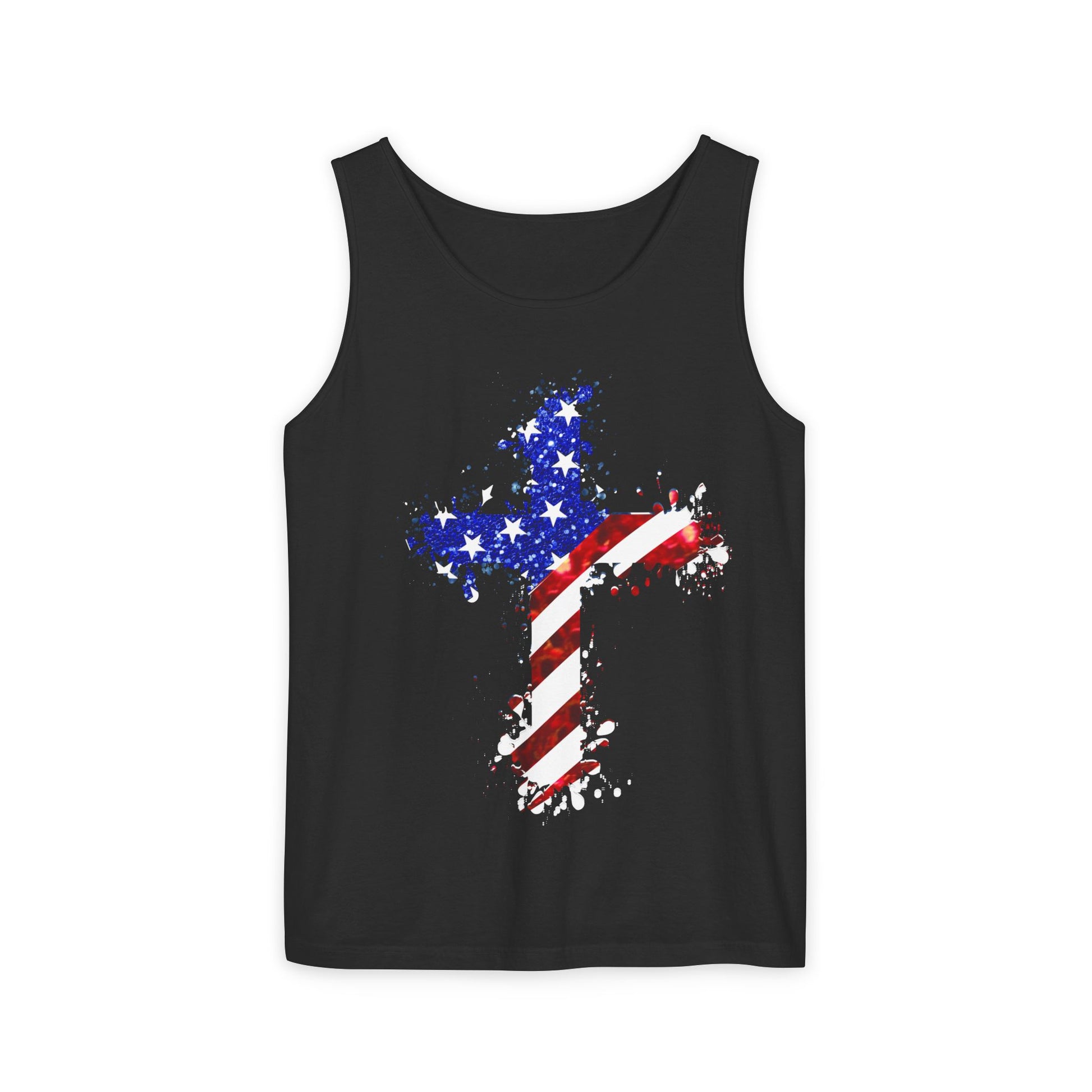 The Faith & Freedom Cross – Patriotic USA Tank Top is a black unisex tank with a distressed American flag cross design, made from ring-spun US cotton and finished with eco-friendly dyes.