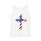 The Faith & Freedom Cross – Patriotic USA Tank Top is a white unisex top with a splatter paint cross in flag colors, made from soft ring-spun US cotton and eco-friendly dyes.