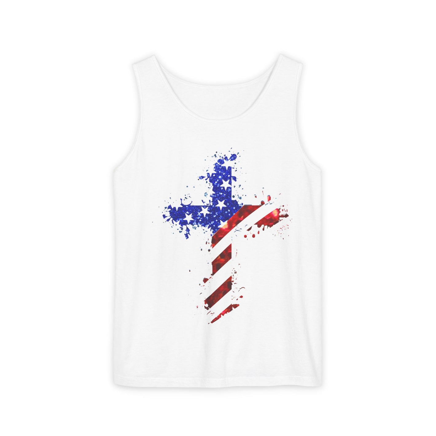 The Faith & Freedom Cross – Patriotic USA Tank Top is a white unisex top with a splatter paint cross in flag colors, made from soft ring-spun US cotton and eco-friendly dyes.