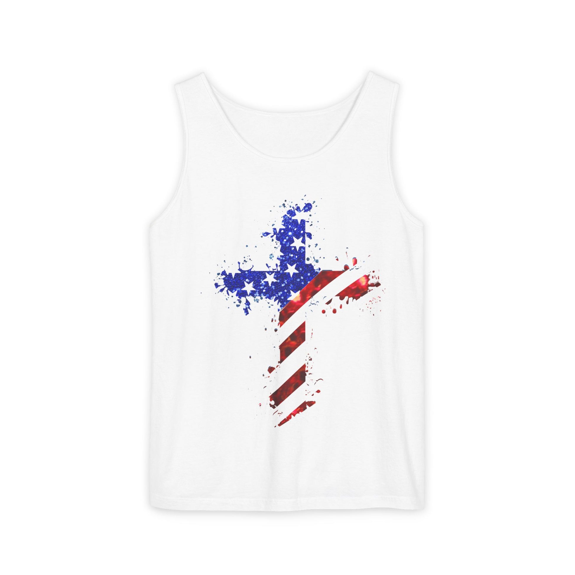 The Faith & Freedom Cross – Patriotic USA Tank Top is a white unisex top with a splatter paint cross in flag colors, made from soft ring-spun US cotton and eco-friendly dyes.