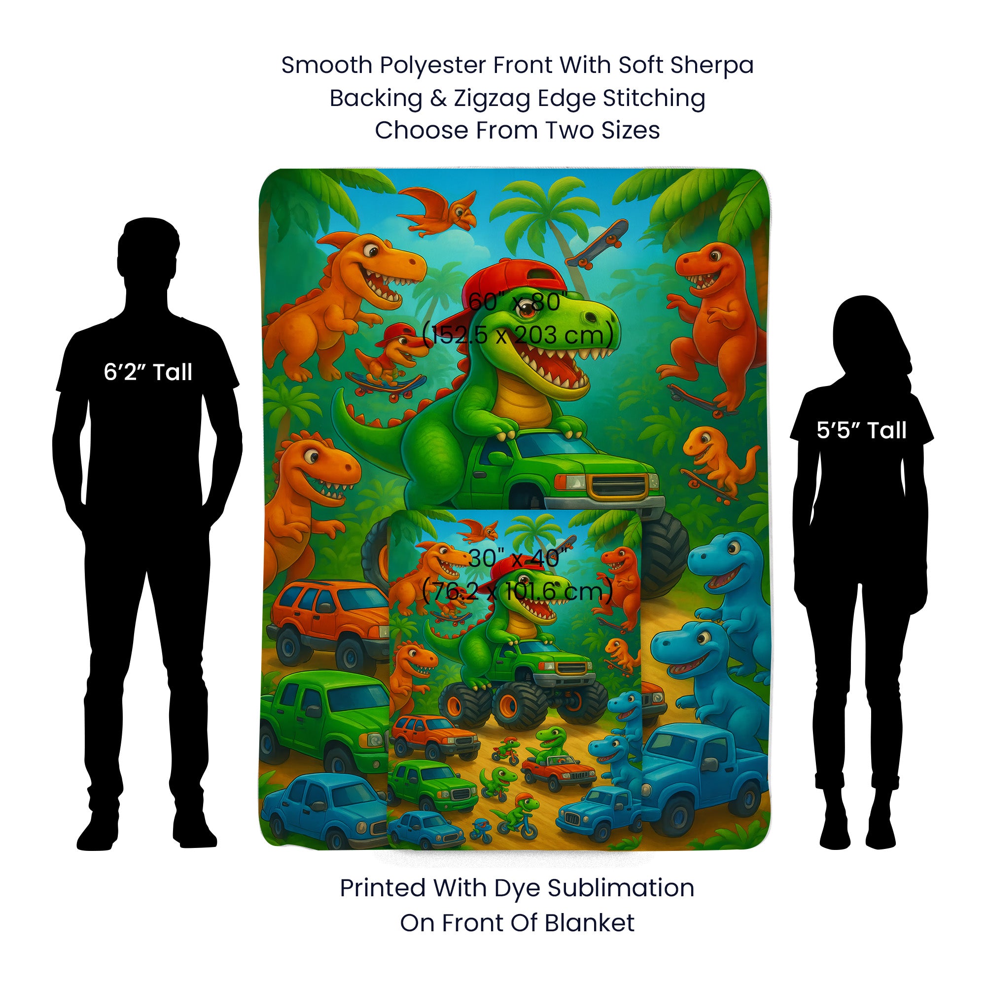 The Dino Monster Truck Sherpa Fleece Blanket—cozy, colorful, and perfect for all seasons—features playful dinosaurs and cars on soft sherpa fleece with vibrant dye-sublimation printing, shown in two sizes next to 62 and 55 person silhouettes.