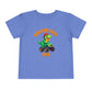 The Monster Truck Rex T-Shirt 🛻🦕 – Toddler Boys Tee features a blue Bella+Canvas shirt with a cartoon green dinosaur in a monster truck and bold orange MONSTER TRUCK REX text—perfect for any toddler dino fan.