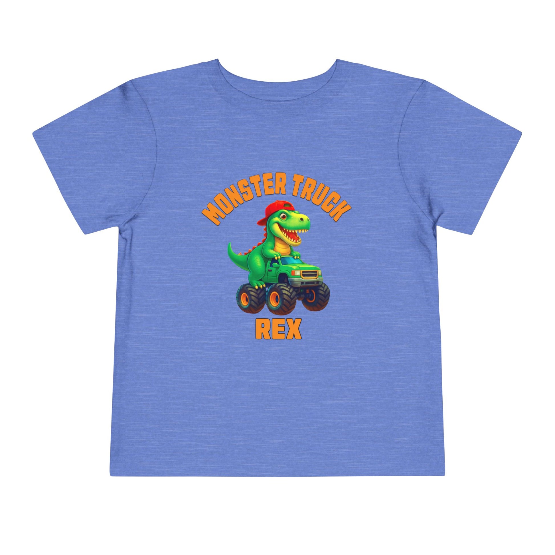 The Monster Truck Rex T-Shirt 🛻🦕 – Toddler Boys Tee features a blue Bella+Canvas shirt with a cartoon green dinosaur in a monster truck and bold orange MONSTER TRUCK REX text—perfect for any toddler dino fan.