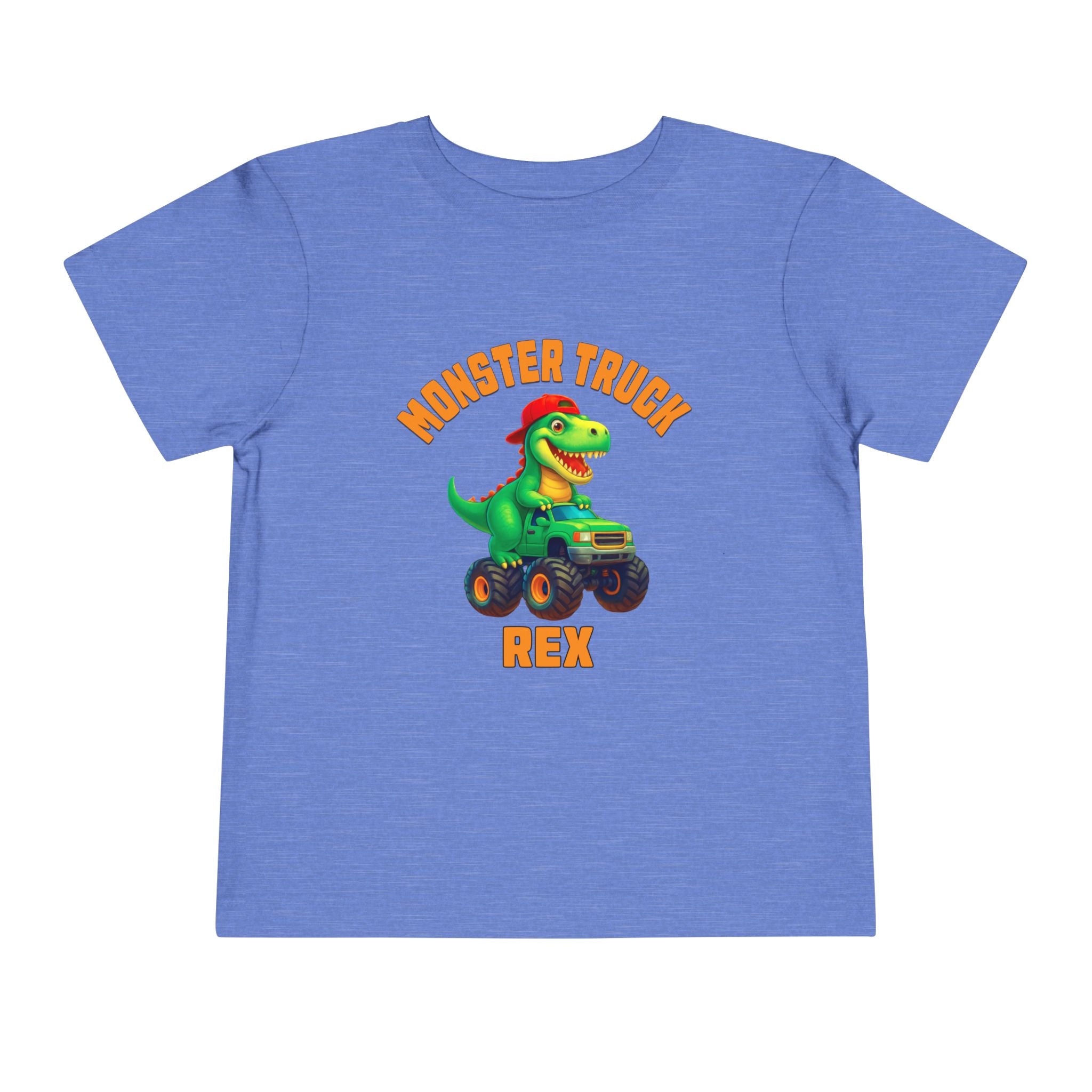 The Monster Truck Rex T-Shirt 🛻🦕 – Toddler Boys Tee features a blue Bella+Canvas shirt with a cartoon green dinosaur in a monster truck and bold orange MONSTER TRUCK REX text—perfect for any toddler dino fan.