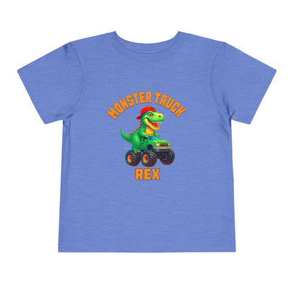 The Monster Truck Rex T-Shirt 🛻🦕 – Toddler Boys Tee features a blue Bella+Canvas shirt with a cartoon green dinosaur in a monster truck and bold orange MONSTER TRUCK REX text—perfect for any toddler dino fan.