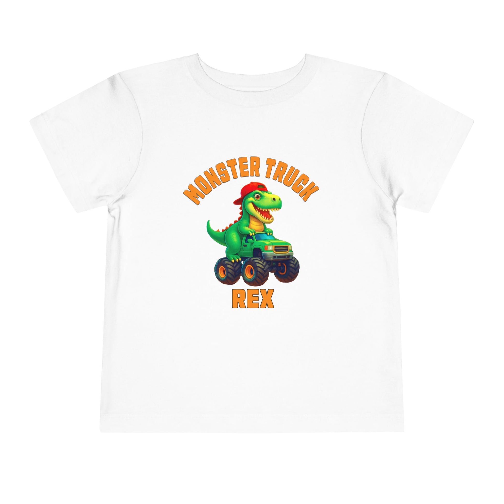 The Monster Truck Rex T-Shirt 🛻🦕 – Toddler Boys Tee features a cartoon green T-rex driving a monster truck, with orange MONSTER TRUCK text above and REX below—perfect for any toddler dinosaur shirt collection!.