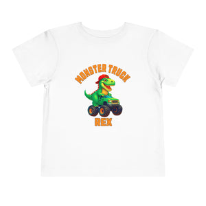 The Monster Truck Rex T-Shirt 🛻🦕 – Toddler Boys Tee features a cartoon green T-rex driving a monster truck, with orange MONSTER TRUCK text above and REX below—perfect for any toddler dinosaur shirt collection!.
