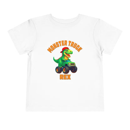 The Monster Truck Rex T-Shirt 🛻🦕 – Toddler Boys Tee features a cartoon green T-rex driving a monster truck, with orange MONSTER TRUCK text above and REX below—perfect for any toddler dinosaur shirt collection!.